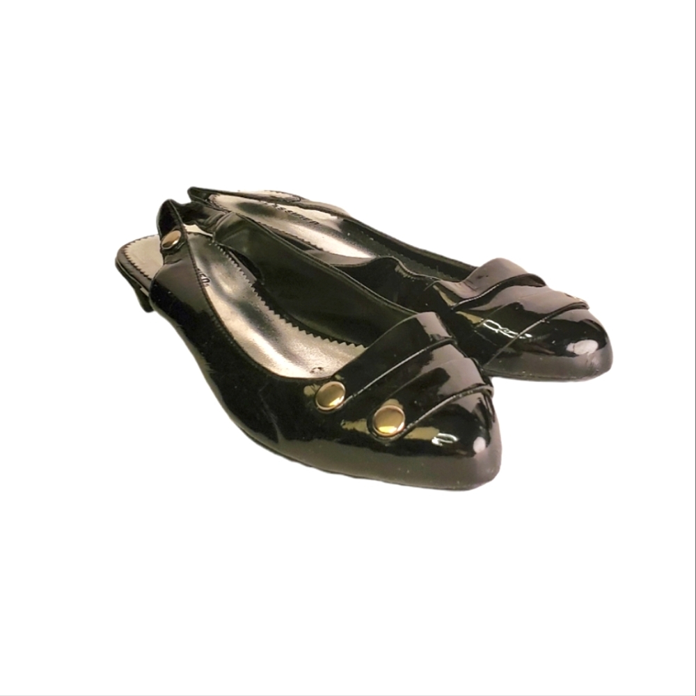 Space Age Mod Black Vinyl Rounded Point Slingback Shoes with Silver Grommets